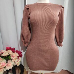 Party Dress | Mauve Sweater Puff Sleeve Knit Mini Dress